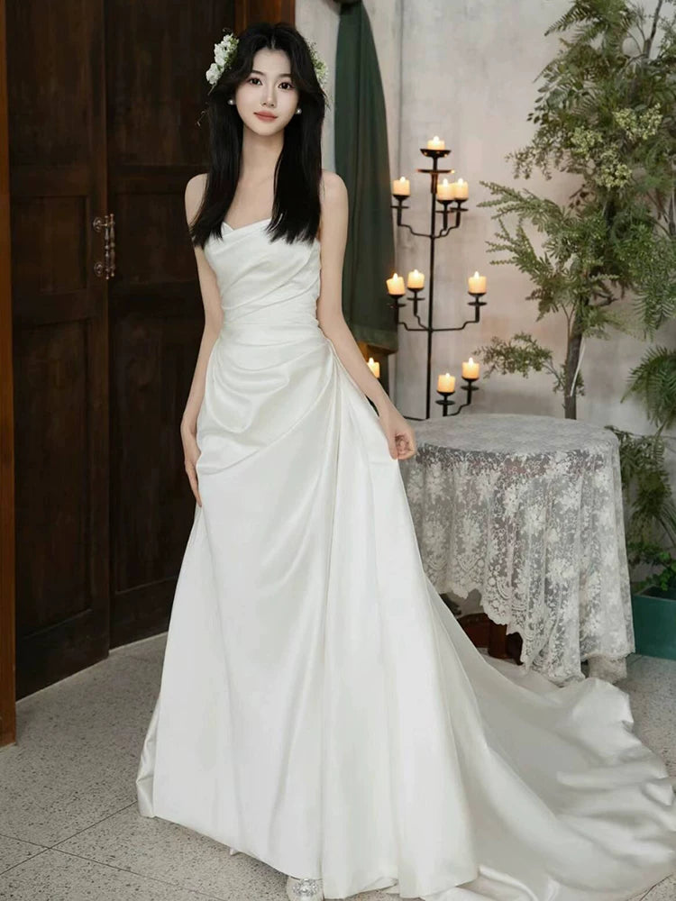 Cozy A-Line Strapless Wedding Dress Ideas Pleated Satin Bridal Dress AP6980