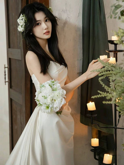 Cozy A-Line Strapless Wedding Dress Ideas Pleated Satin Bridal Dress AP6980