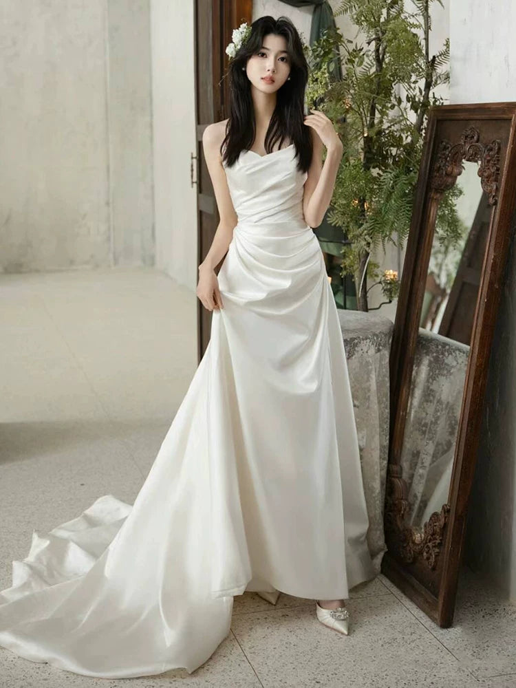 Cozy A-Line Strapless Wedding Dress Ideas Pleated Satin Bridal Dress AP6980