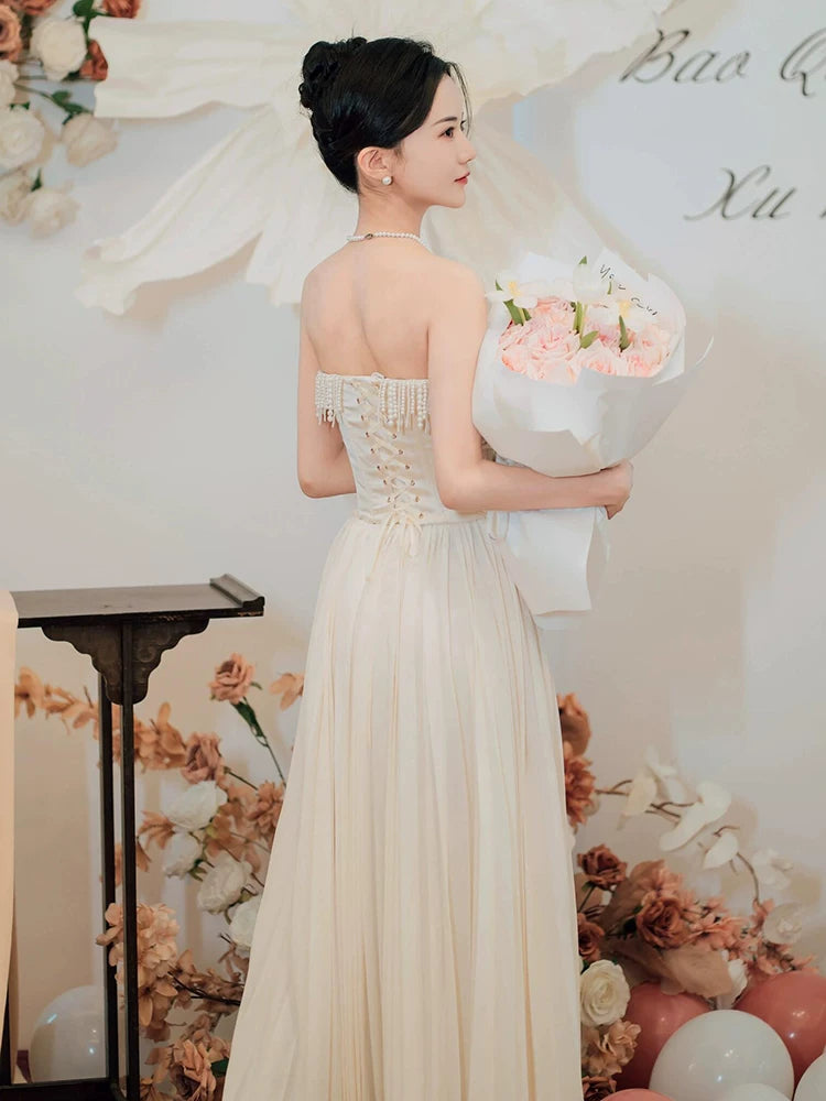 Victorian-Inspired A-Line Wedding Dress Strapless Tassel Satin Bodice Tulle Bridal Dress AP6981