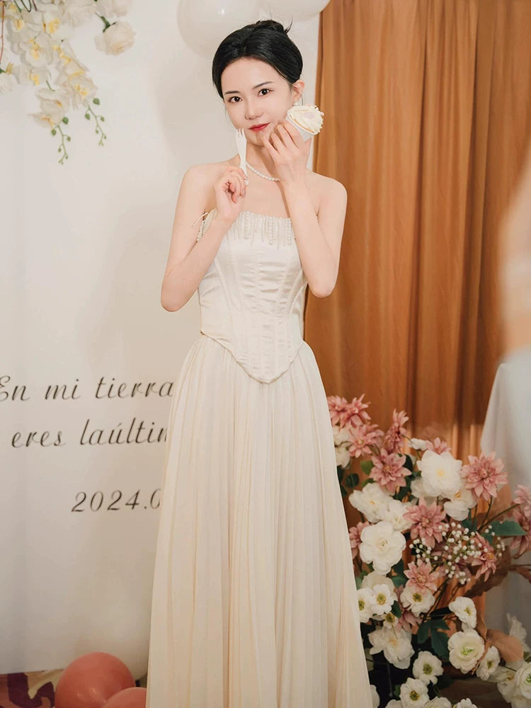 Victorian-Inspired A-Line Wedding Dress Strapless Tassel Satin Bodice Tulle Bridal Dress AP6981
