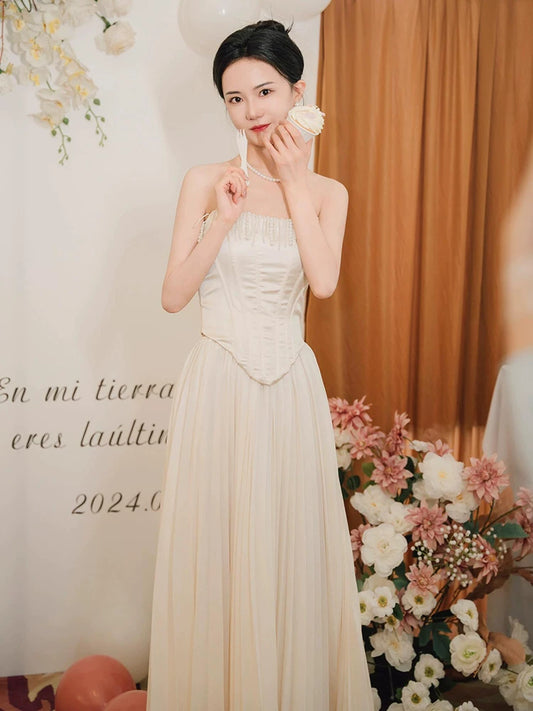 Victorian-Inspired A-Line Wedding Dress Strapless Tassel Satin Bodice Tulle Bridal Dress AP6981