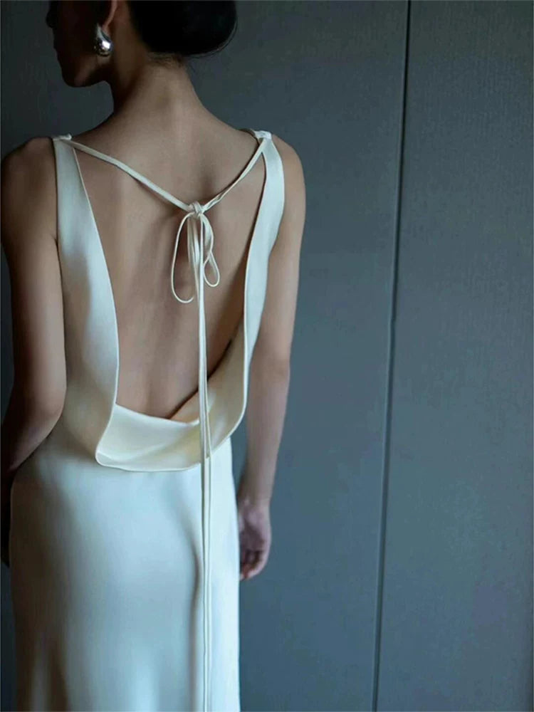 Classy Draped V Neck Wedding Dress Backless Satin Sheath Bridal Dress AP6983