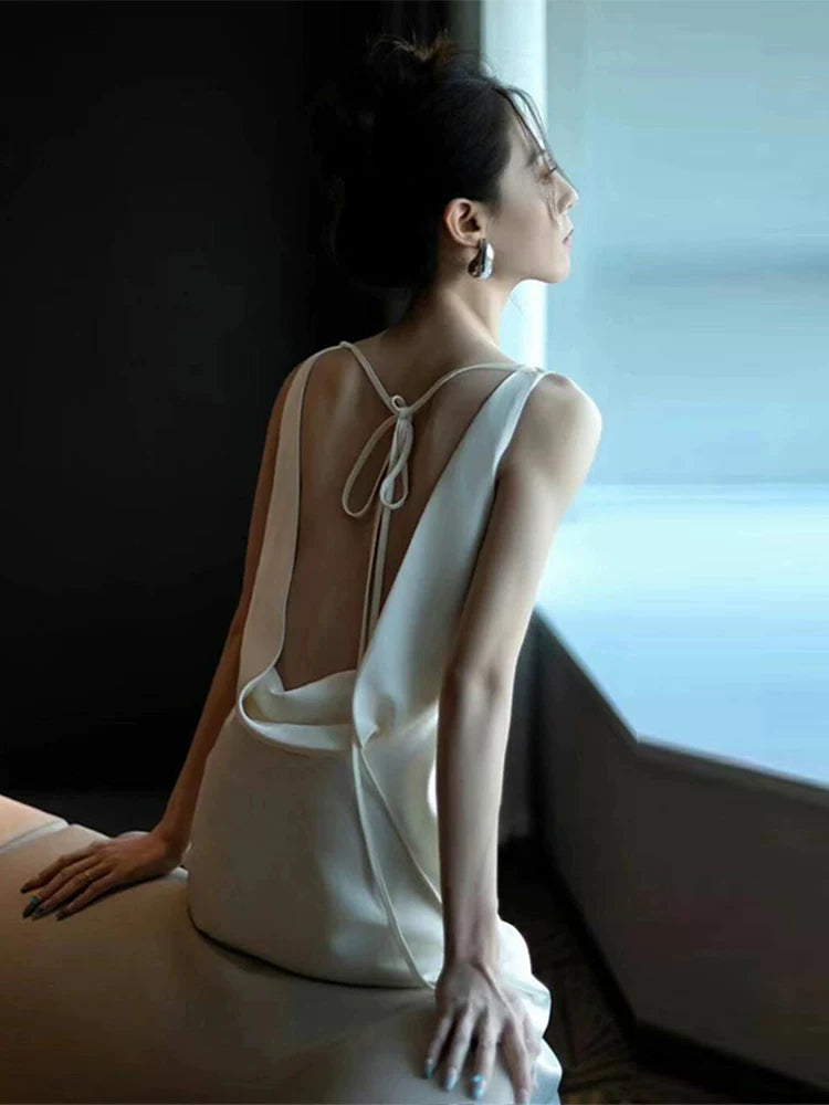Classy Draped V Neck Wedding Dress Backless Satin Sheath Bridal Dress AP6983