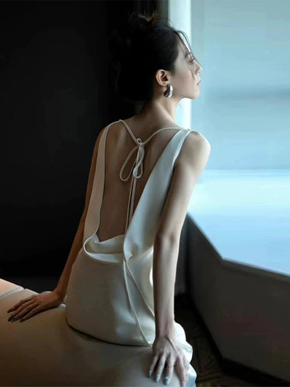 Classy Draped V Neck Wedding Dress Backless Satin Sheath Bridal Dress AP6983