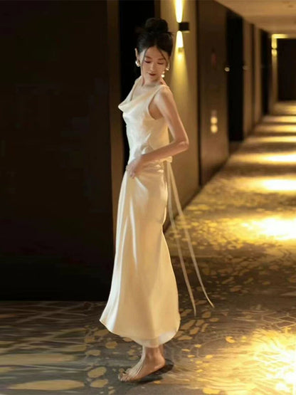 Classy Draped V Neck Wedding Dress Backless Satin Sheath Bridal Dress AP6983