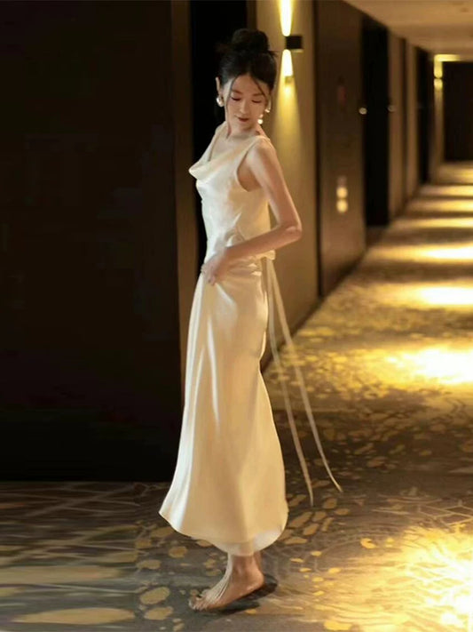 Classy Draped V Neck Wedding Dress Backless Satin Sheath Bridal Dress AP6983
