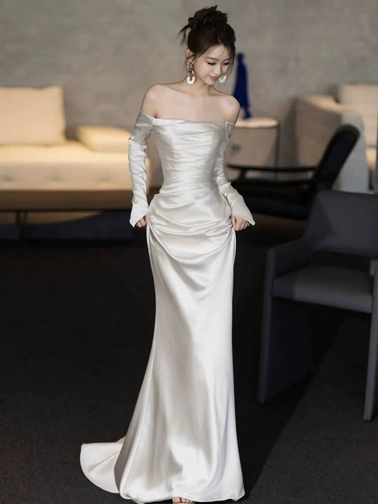 Modest Off-Shoulder Long Sleeve Wedding Dress Satin Mermaid Bridal Dress AP6984