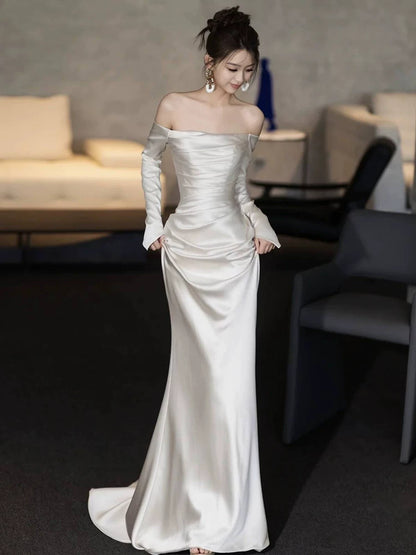 Modest Off-Shoulder Long Sleeve Wedding Dress Satin Mermaid Bridal Dress AP6984