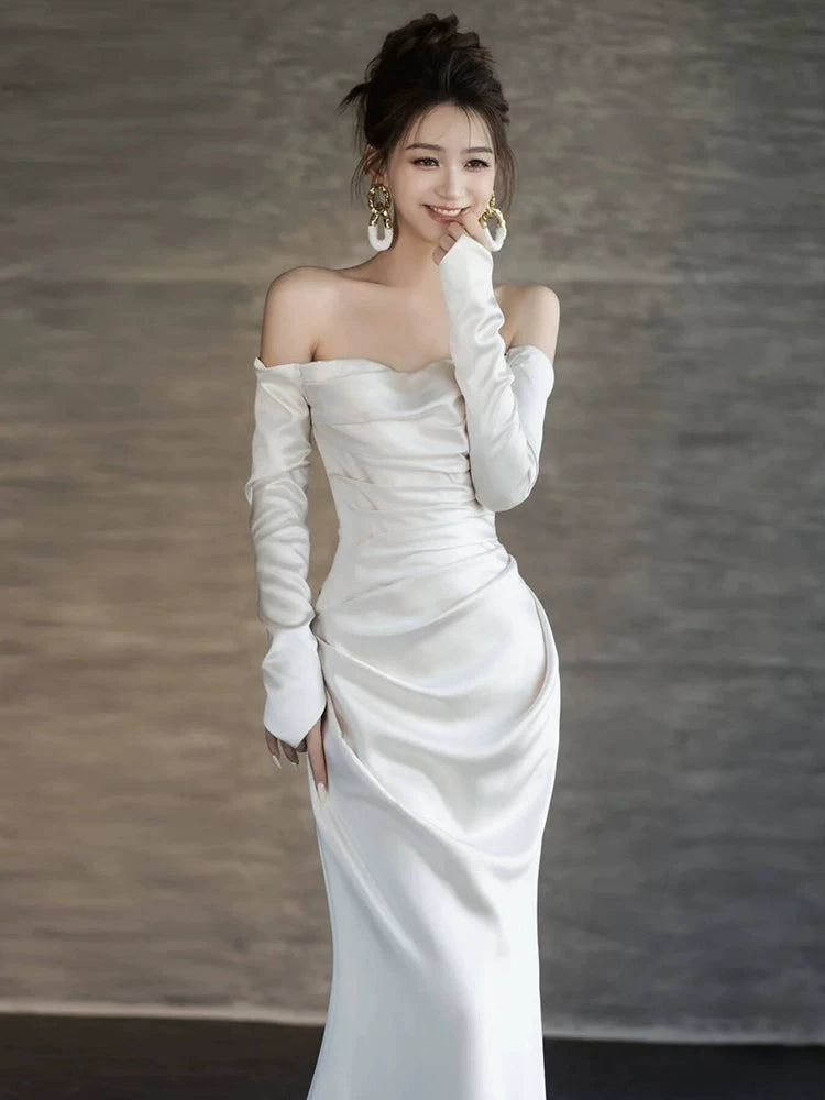 Modest Off-Shoulder Long Sleeve Wedding Dress Satin Mermaid Bridal Dress AP6984
