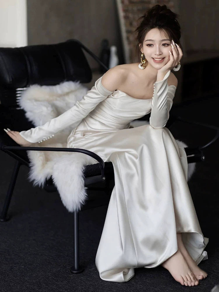 Modest Off-Shoulder Long Sleeve Wedding Dress Satin Mermaid Bridal Dress AP6984