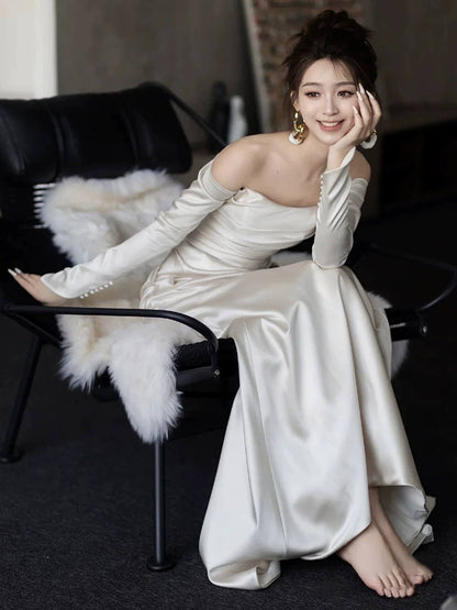 Modest Off-Shoulder Long Sleeve Wedding Dress Satin Mermaid Bridal Dress AP6984