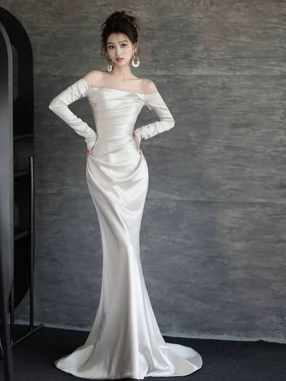 Modest Off-Shoulder Long Sleeve Wedding Dress Satin Mermaid Bridal Dress AP6984