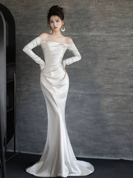 Modest Off-Shoulder Long Sleeve Wedding Dress Satin Mermaid Bridal Dress AP6984