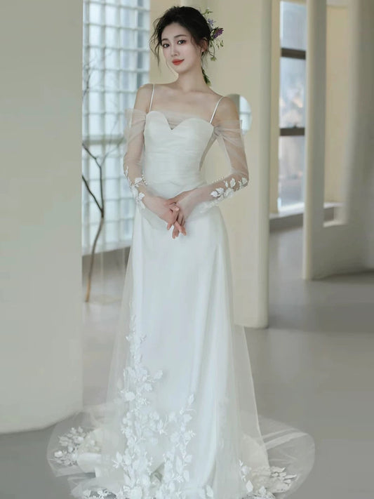 Showstopping Spaghetti Strap A-Line Wedding Dresses With Sleeve Beads Appliques Tulle Bridal Dress AP6985