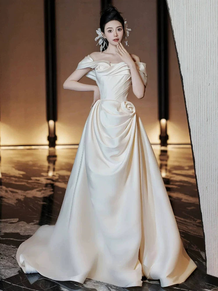 Whimsical Off-Shoulder A-Line Wedding Dress Handmade Flowers Satin Bridal Dress AP6986