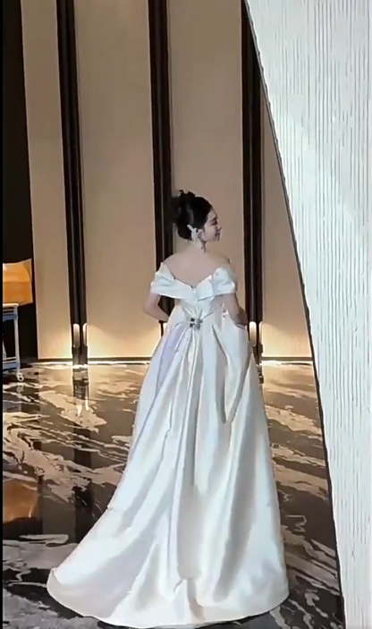 Whimsical Off-Shoulder A-Line Wedding Dress Handmade Flowers Satin Bridal Dress AP6986