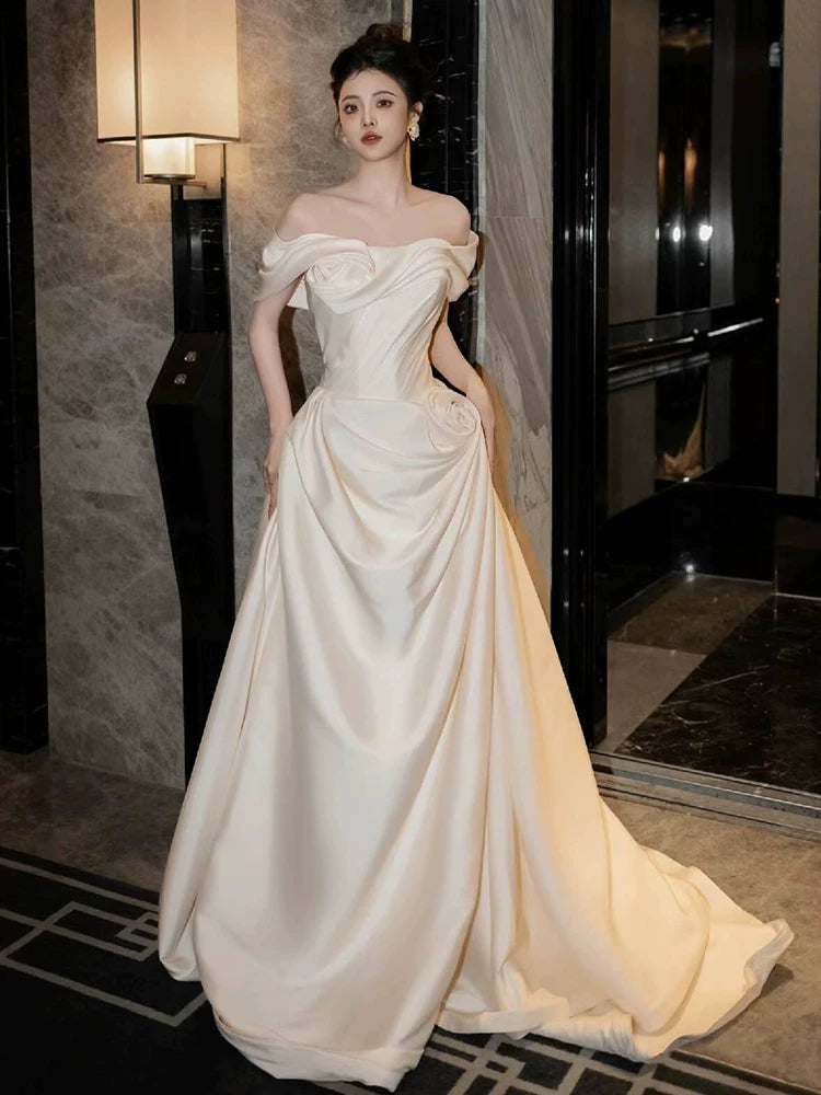 Whimsical Off-Shoulder A-Line Wedding Dress Handmade Flowers Satin Bridal Dress AP6986