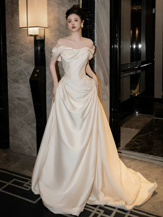 Whimsical Off-Shoulder A-Line Wedding Dress Handmade Flowers Satin Bridal Dress AP6986