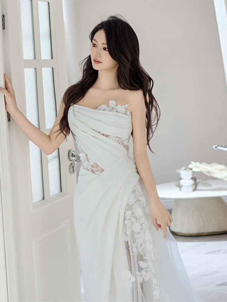 Standout One Shoulder Satin Wedding Dress Appliques Tulle Sheath Bridal Dress AP6987