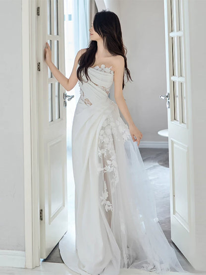 Standout One Shoulder Satin Wedding Dress Appliques Tulle Sheath Bridal Dress AP6987