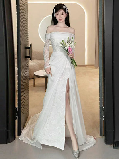 Custom Off-Shoulder Sheath Slit Wedding Dress Long Sleeve Lace Bridal Outfit AP6988