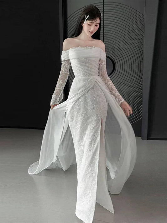 Custom Off-Shoulder Sheath Slit Wedding Dress Long Sleeve Lace Bridal Outfit AP6988