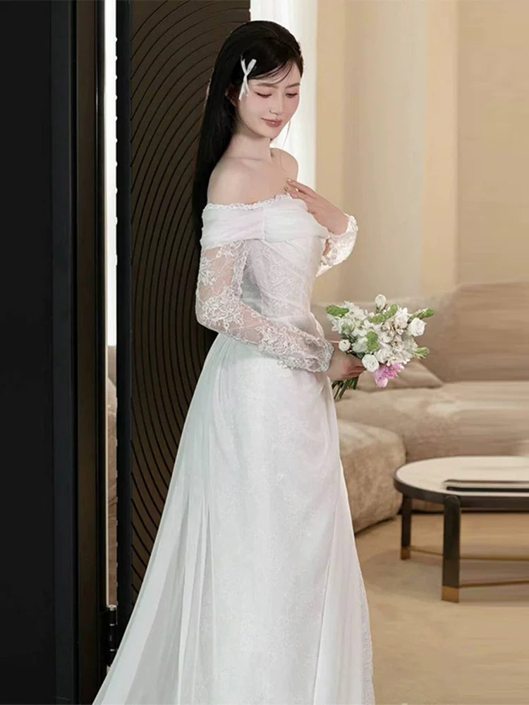 Custom Off-Shoulder Sheath Slit Wedding Dress Long Sleeve Lace Bridal Outfit AP6988