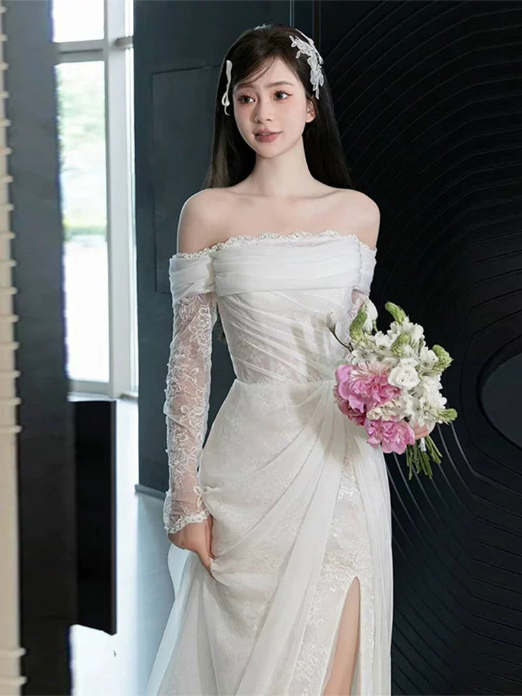 Custom Off-Shoulder Sheath Slit Wedding Dress Long Sleeve Lace Bridal Outfit AP6988