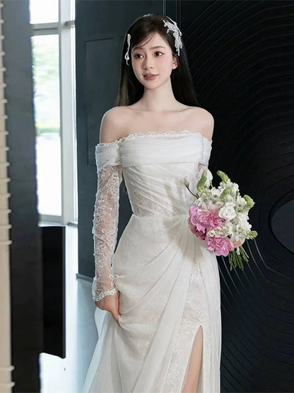 Custom Off-Shoulder Sheath Slit Wedding Dress Long Sleeve Lace Bridal Outfit AP6988