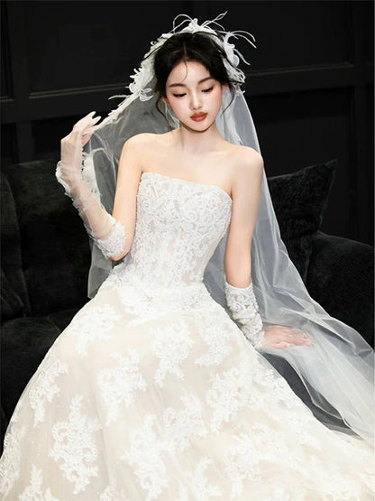 Romantic Strapless A-Line Wedding Dress With Sleeves Appliques Tulle Bridal Dress AP6989
