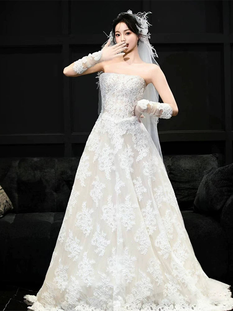 Romantic Strapless A-Line Wedding Dress With Sleeves Appliques Tulle Bridal Dress AP6989