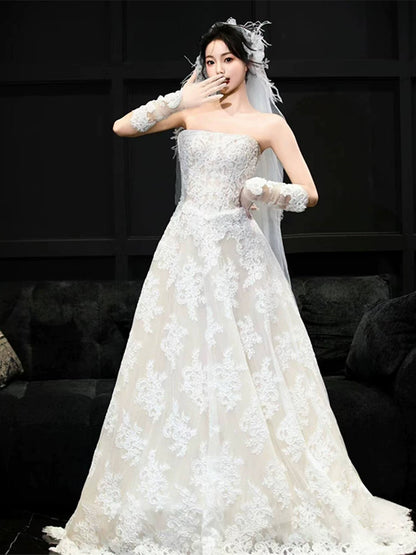 Romantic Strapless A-Line Wedding Dress With Sleeves Appliques Tulle Bridal Dress AP6989