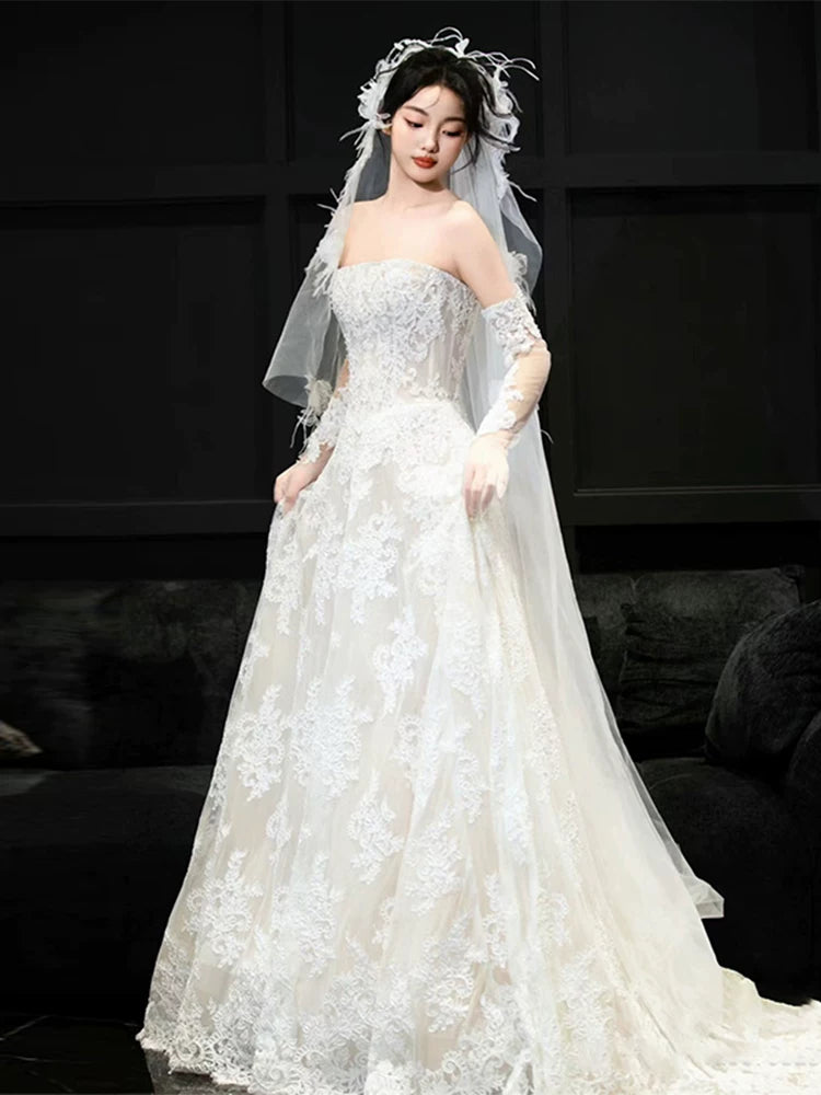Romantic Strapless A-Line Wedding Dress With Sleeves Appliques Tulle Bridal Dress AP6989