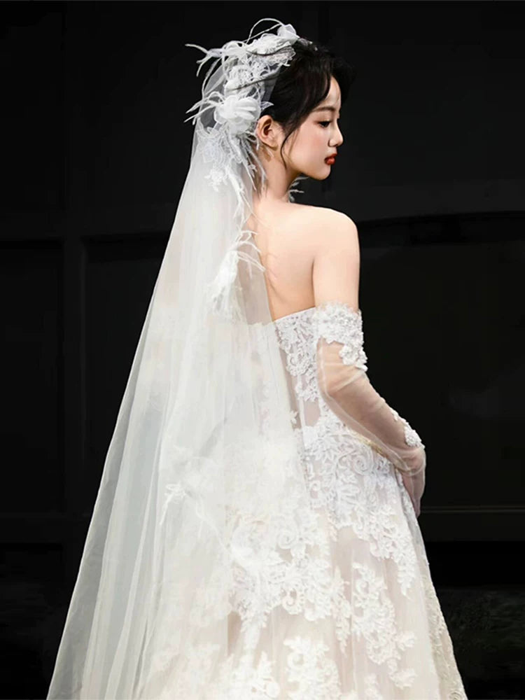 Romantic Strapless A-Line Wedding Dress With Sleeves Appliques Tulle Bridal Dress AP6989
