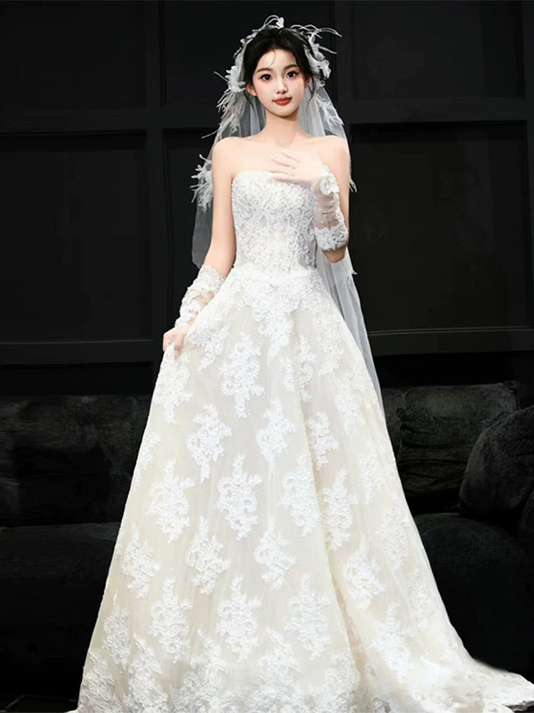 Romantic Strapless A-Line Wedding Dress With Sleeves Appliques Tulle Bridal Dress AP6989