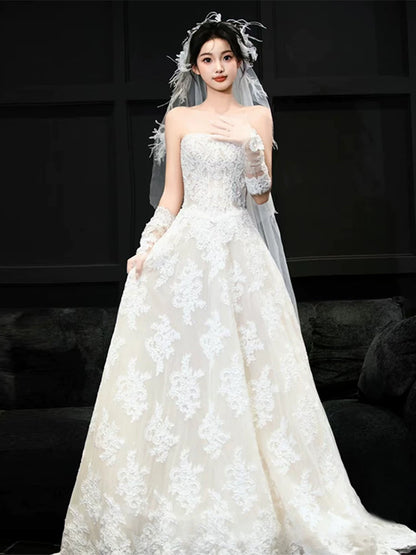 Romantic Strapless A-Line Wedding Dress With Sleeves Appliques Tulle Bridal Dress AP6989