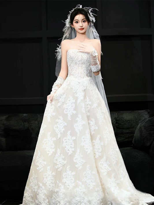 Romantic Strapless A-Line Wedding Dress With Sleeves Appliques Tulle Bridal Dress AP6989