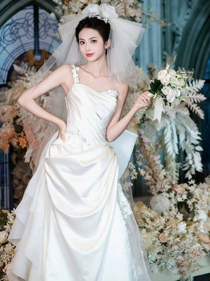 Ornate One Shoulder Sheath Satin Wedding Dress With Bow Train Appliques Tulle Bridal Dress AP6990