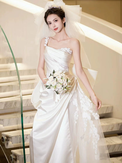 Ornate One Shoulder Sheath Satin Wedding Dress With Bow Train Appliques Tulle Bridal Dress AP6990