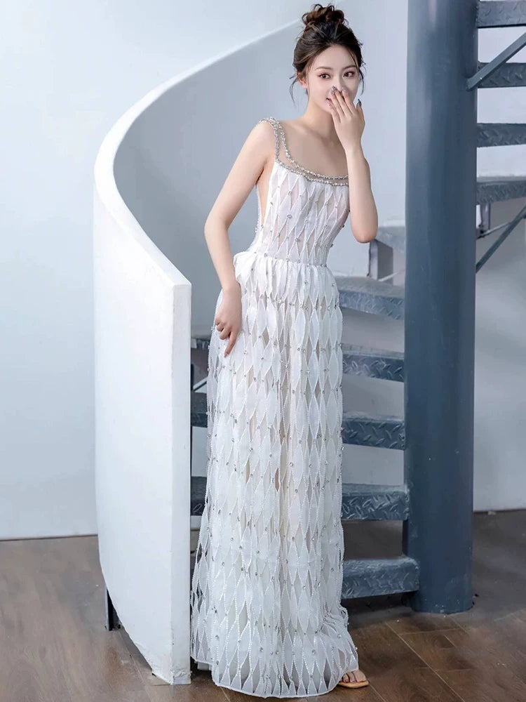 Fabulous Spaghetti Strap White Prom Dress Beading A-Line Evening Dress AP6991