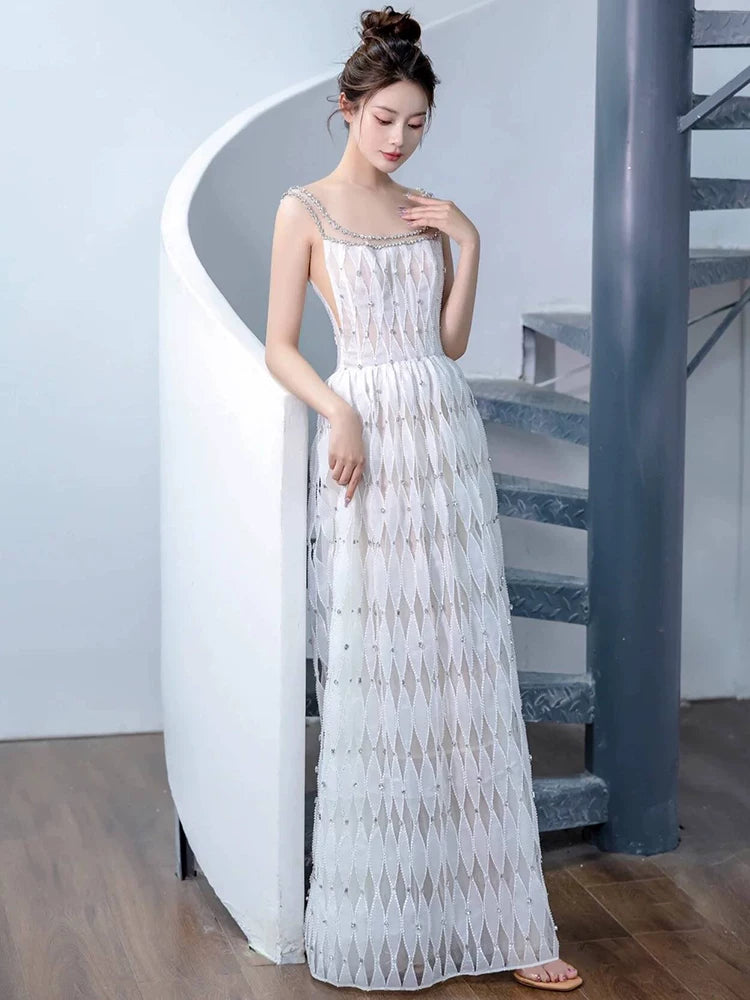 Fabulous Spaghetti Strap White Prom Dress Beading A-Line Evening Dress AP6991