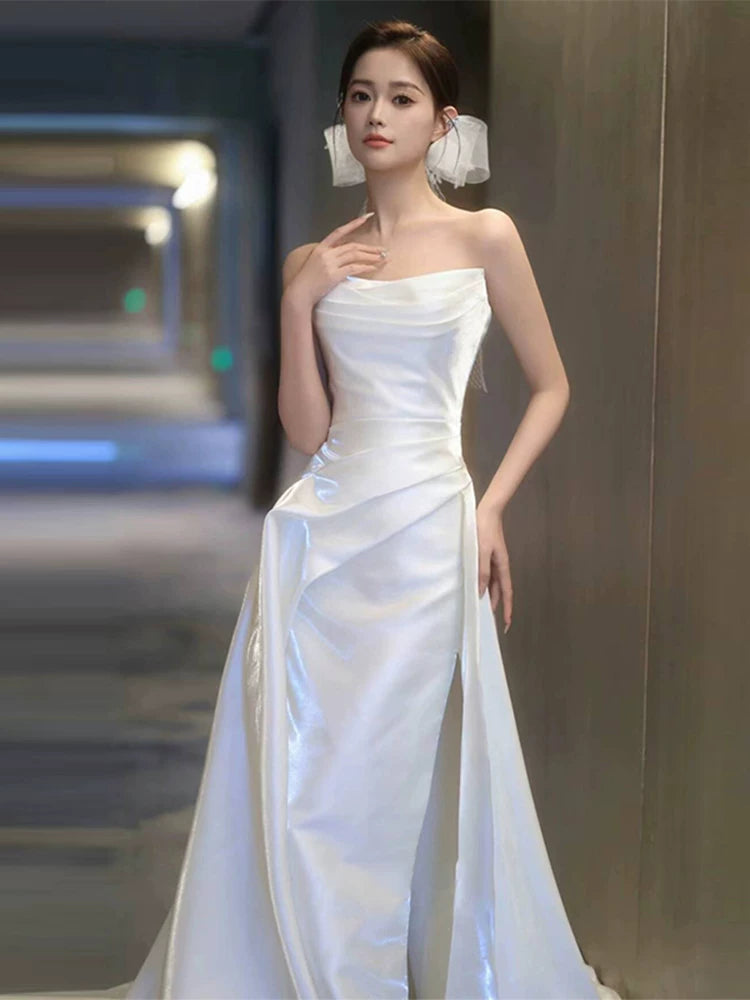 Chic Strapless A-Line Wedding Dress Ideas High Slit Satin Bridal Dress AP6992