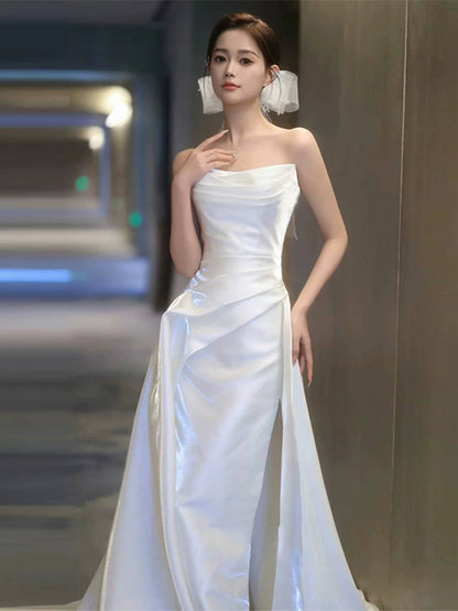 Chic Strapless A-Line Wedding Dress Ideas High Slit Satin Bridal Dress AP6992