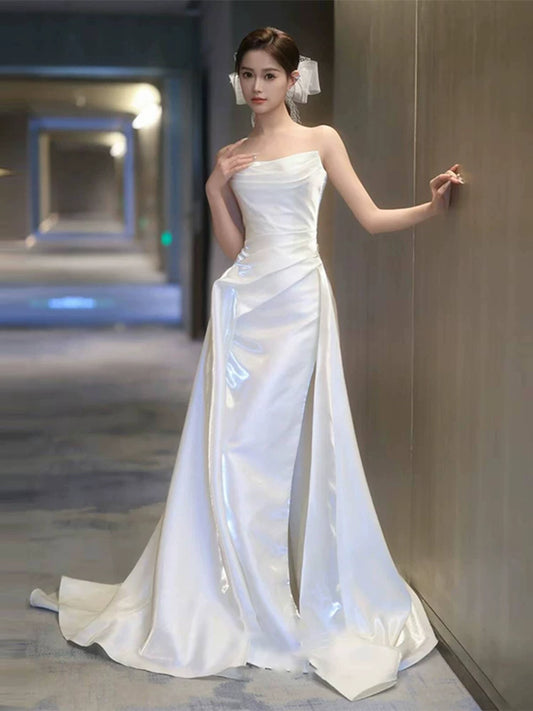 Chic Strapless A-Line Wedding Dress Ideas High Slit Satin Bridal Dress AP6992