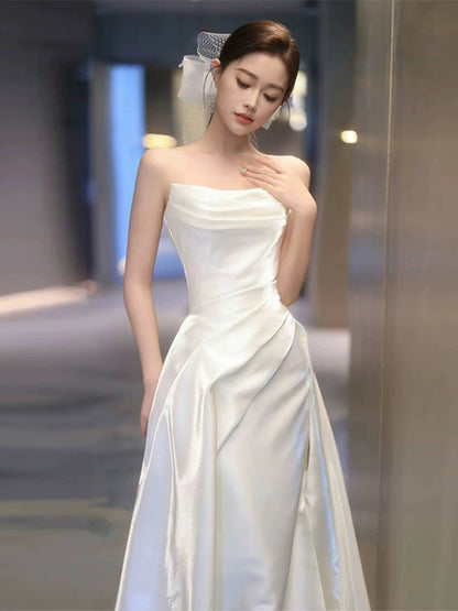 Chic Strapless A-Line Wedding Dress Ideas High Slit Satin Bridal Dress AP6992