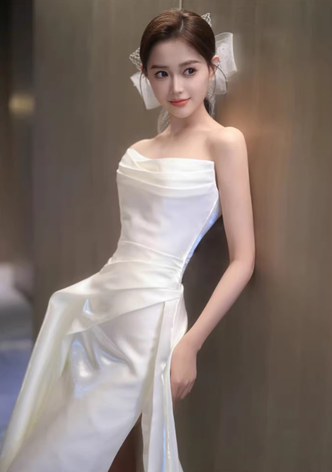 Chic Strapless A-Line Wedding Dress Ideas High Slit Satin Bridal Dress AP6992