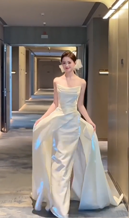 Chic Strapless A-Line Wedding Dress Ideas High Slit Satin Bridal Dress AP6992