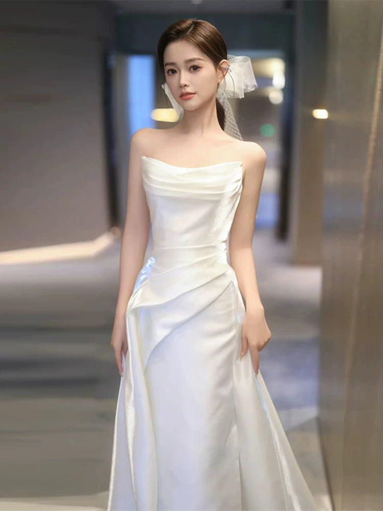 Chic Strapless A-Line Wedding Dress Ideas High Slit Satin Bridal Dress AP6992