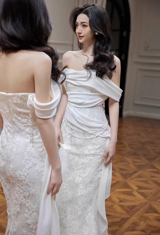 Luxurious Mermaid Off-Shoulder Wedding Dress Appliques Beading Bridal Dress AP6993
